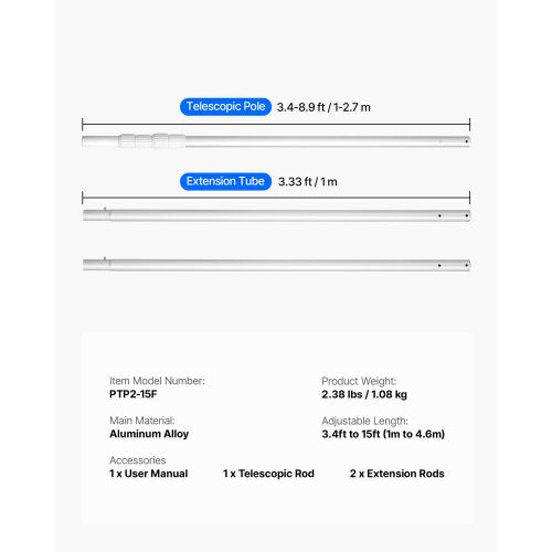 Poolstång, 1 till 4,6 m teleskopiska poolrengöringsstänger, professionell justerbar teleskopstång med 2 förlängningsstänger, kraftig rengöringsstav för skimmernät, borste, dammsugsmunstycke | EU