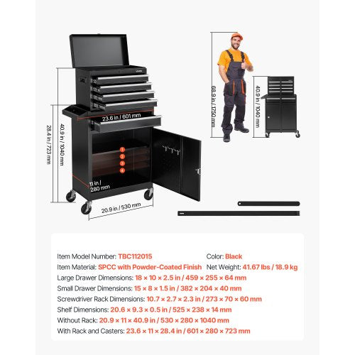 Rullande verktygslåda, 2-i-1-design, verktygsskåp med 5 lådor, avtagbar metallverktygslåda, låsstång, skyddande foder och verktygsställ, garageskåp för lager, verkstad | EU