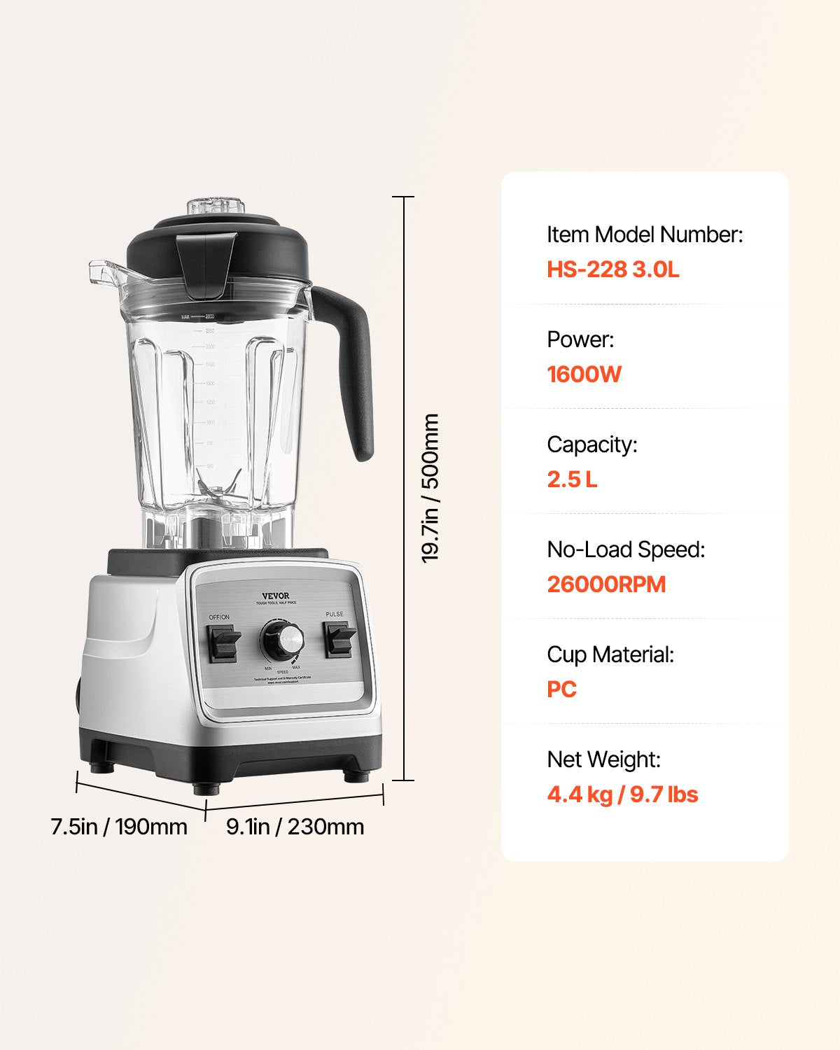 85 oz 1400W Blender för Smoothies Matberedningsmixer för kök