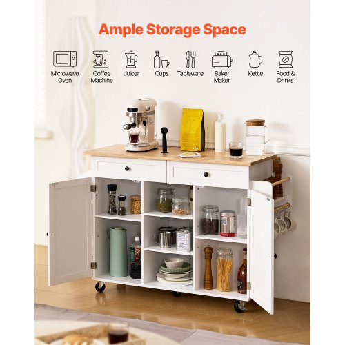 132 cm kitchen island cart rolling storage cabinet table drawer drop-down top