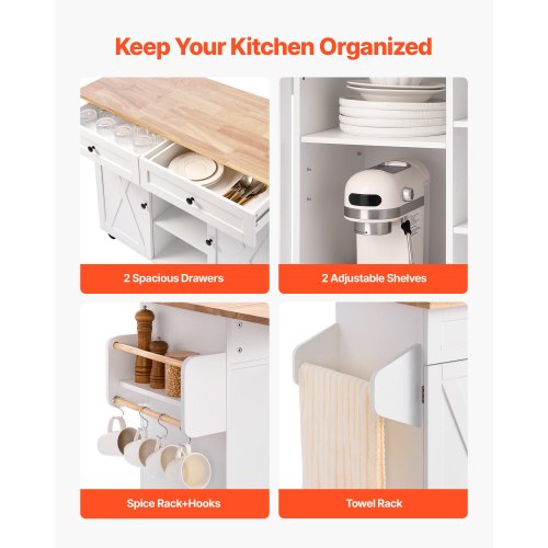 132 cm kitchen island cart rolling storage cabinet table drawer drop-down top