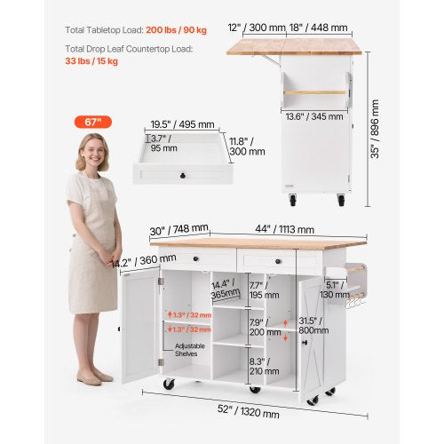 132 cm kitchen island cart rolling storage cabinet table drawer drop-down top