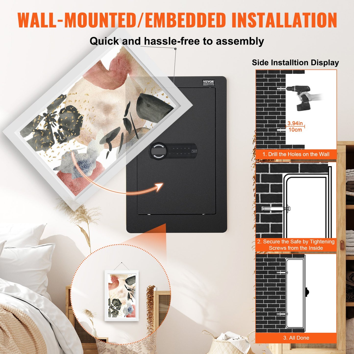25,59" Tall Wall Safe 3-Leder Hidden Safe med knappsatshyllor och nyckelhållare
