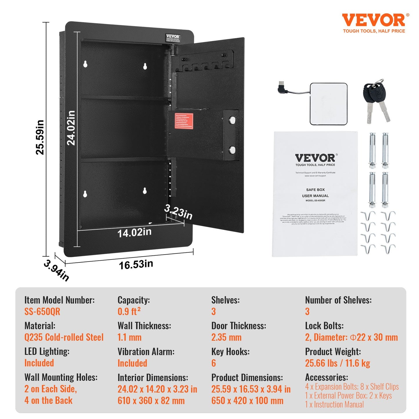 25,59" Tall Wall Safe 3-Leder Hidden Safe med knappsatshyllor och nyckelhållare