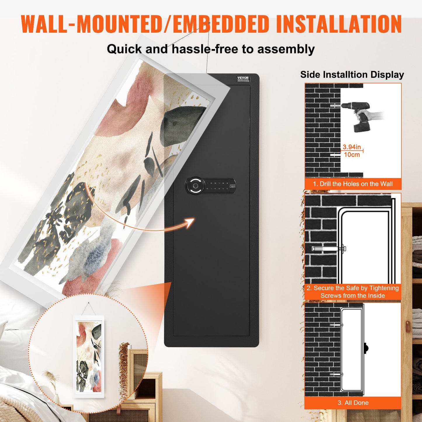 42,91" Tall Wall Gun Safe 4-tier Hidden Gun Safe med knappsats och fingeravtryck