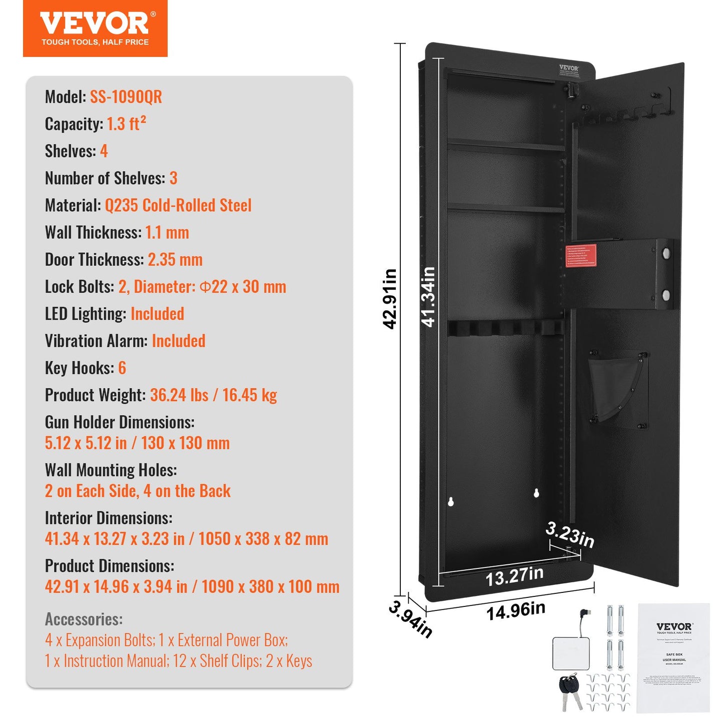 42,91" Tall Wall Gun Safe 4-tier Hidden Gun Safe med knappsats och fingeravtryck