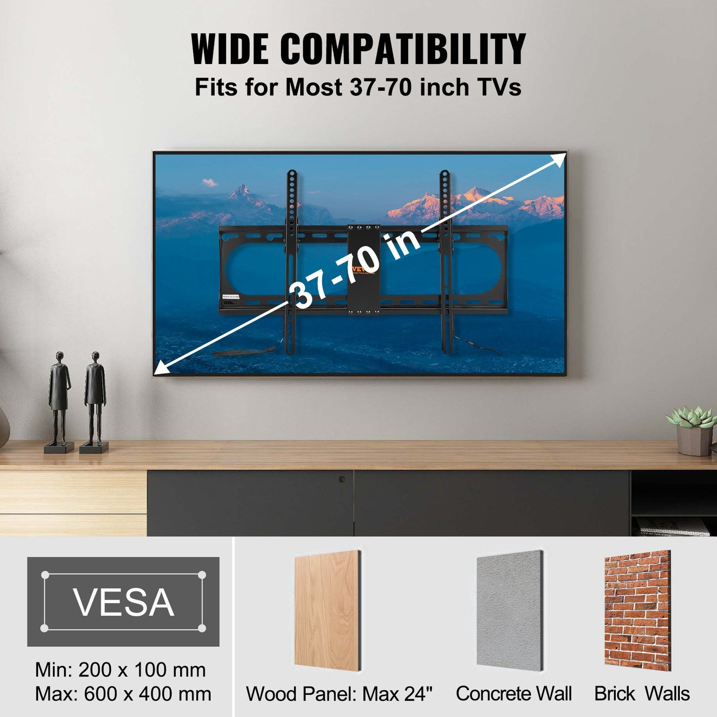 Universal TV-väggfäste, Lågprofil TV-fäste Passar de flesta 37-70 tums TV-apparater, Väggfäste med lutande TV, Max VESA 600x400 mm, Rymmer upp till 132 lbs