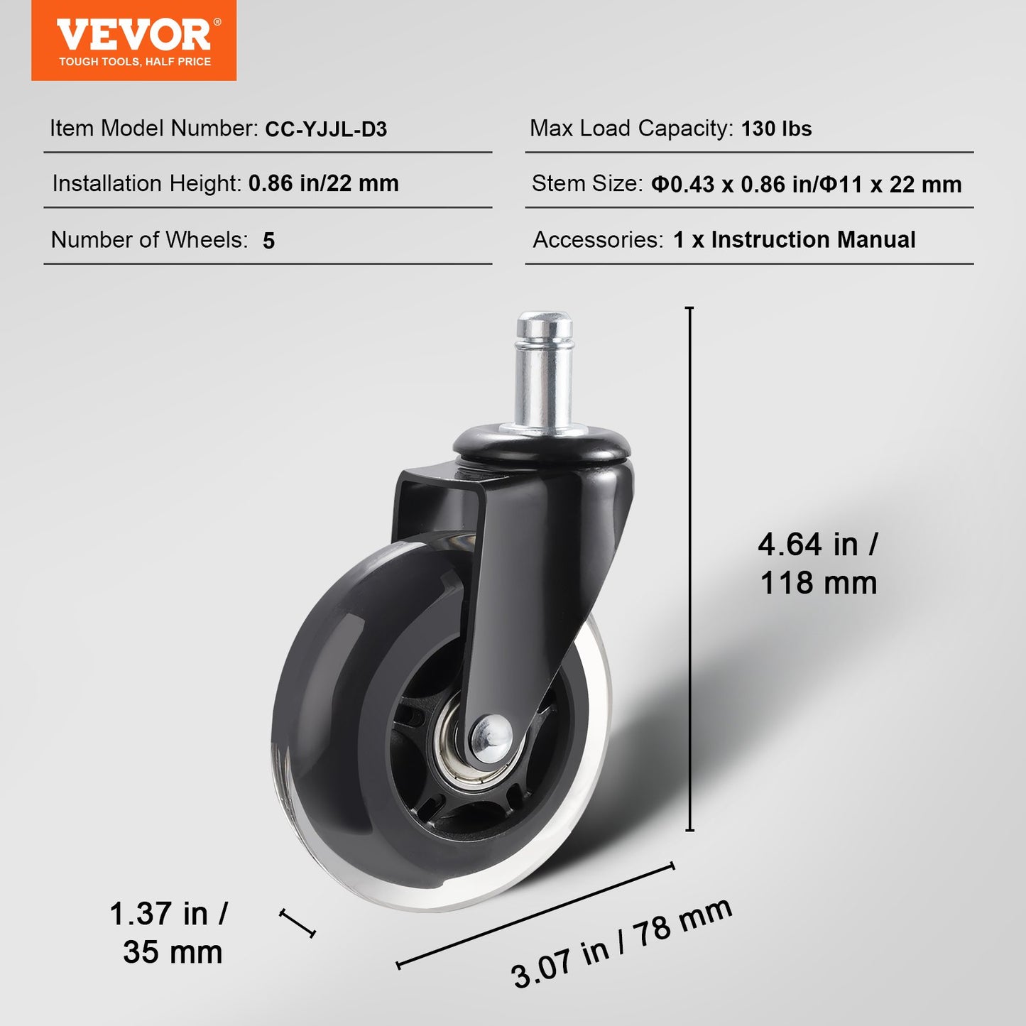 Office Chair Casters, Set of 5.3 Inch Casters Replace Hardwood Floors and Carpets, Heavy Duty Computer Gaming Casters with 130 lbs Load Capacity, Universal Fit for Most Chairs