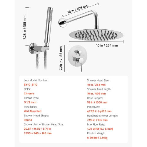 Duschblandare set, regnduschsystem för badrum med 10-tums (25,4 cm) runt regnduschhuvud och handhållen spray, väggmonterade badkarsarmaturer med mässingsventil och lister, silverkrom | EU