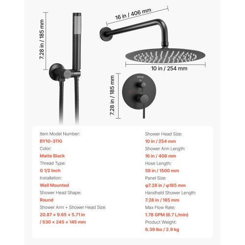 Shower mixer set 10" round rain shower head and hand shower set matte black