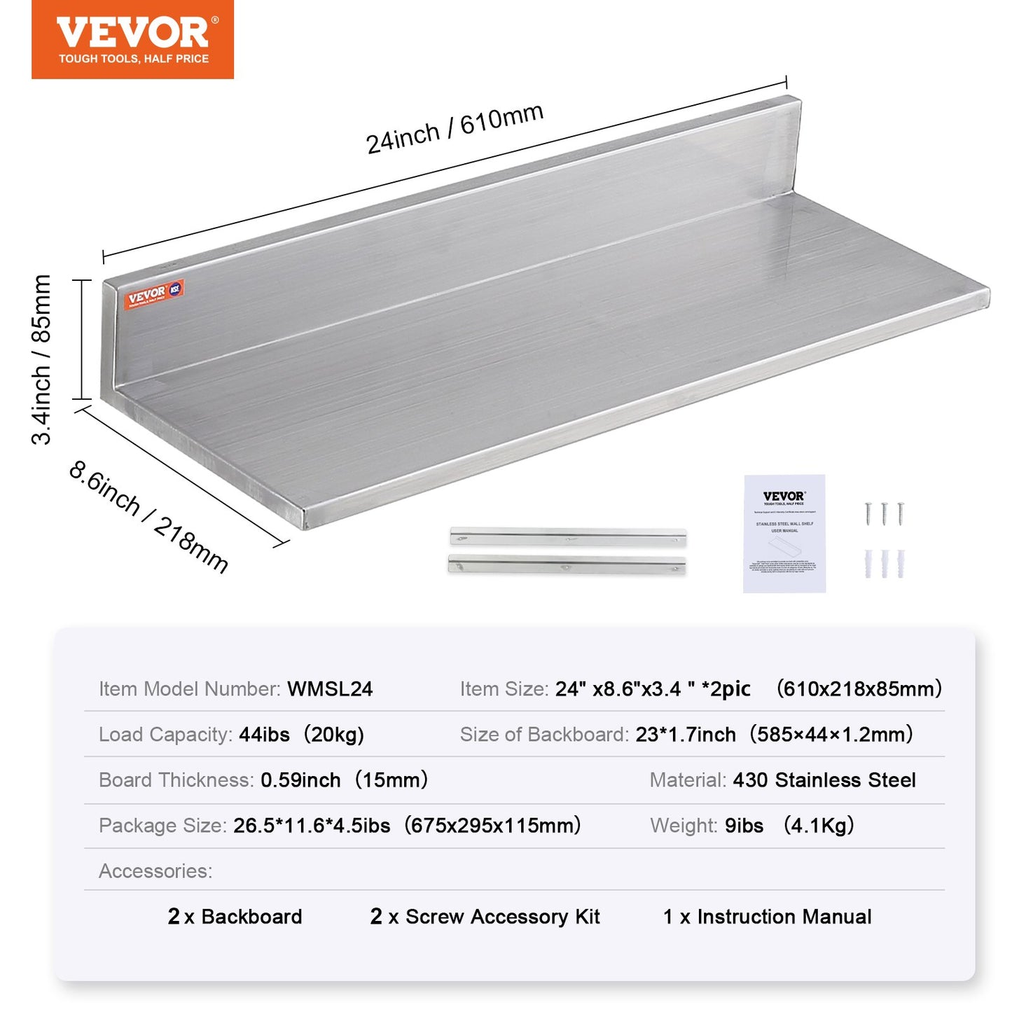 8,6" x 24" hylla i rostfritt stål, väggmonterade flytande hyllor med backsplash, 44 lbs lastkapacitet kommersiella hyllor, Heavy Duty förvaringsställ för restaurang, kök, bar, hem och hotell