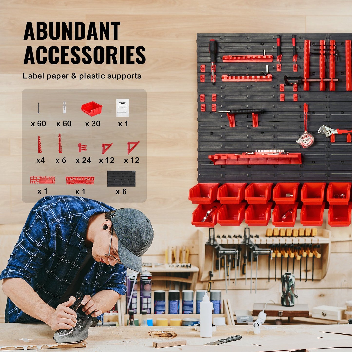 Väggmonterade förvaringskärl, 30-fack för delar Rack Organizer Garage Plast Shop Tool med väggpaneler/verktygshållare/krokar, verktygsorganisator för muttrar, bultar, skruvar, spikar, pärlor, knappar, svart och röd