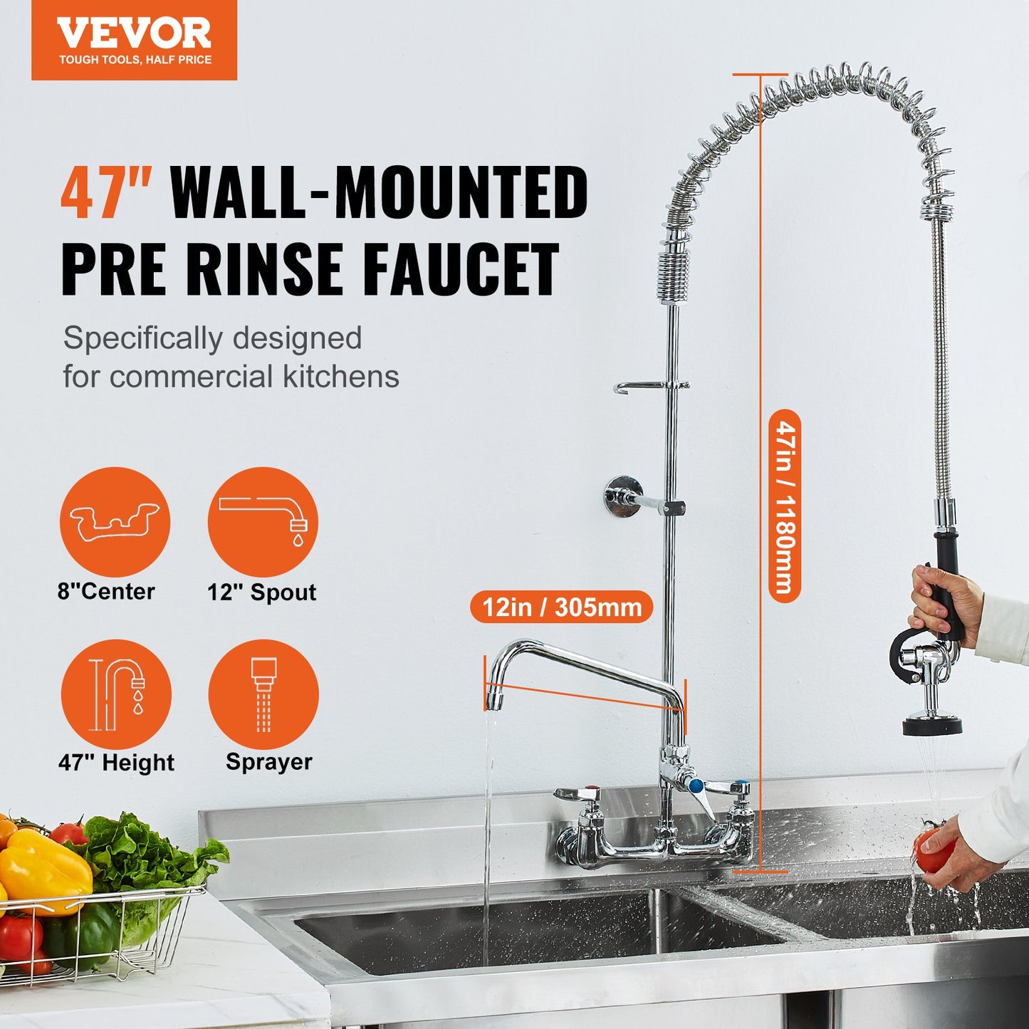 Gewerblicher Wasserhahn mit Vorspülbrause, 119 cm Höhe, 20 cm Mitte, 30 cm Schwenkauslauf, wandmontierter Spültischhahn, Messingeinheit mit ausziehbarer Brause, für 1/2/3 Becken