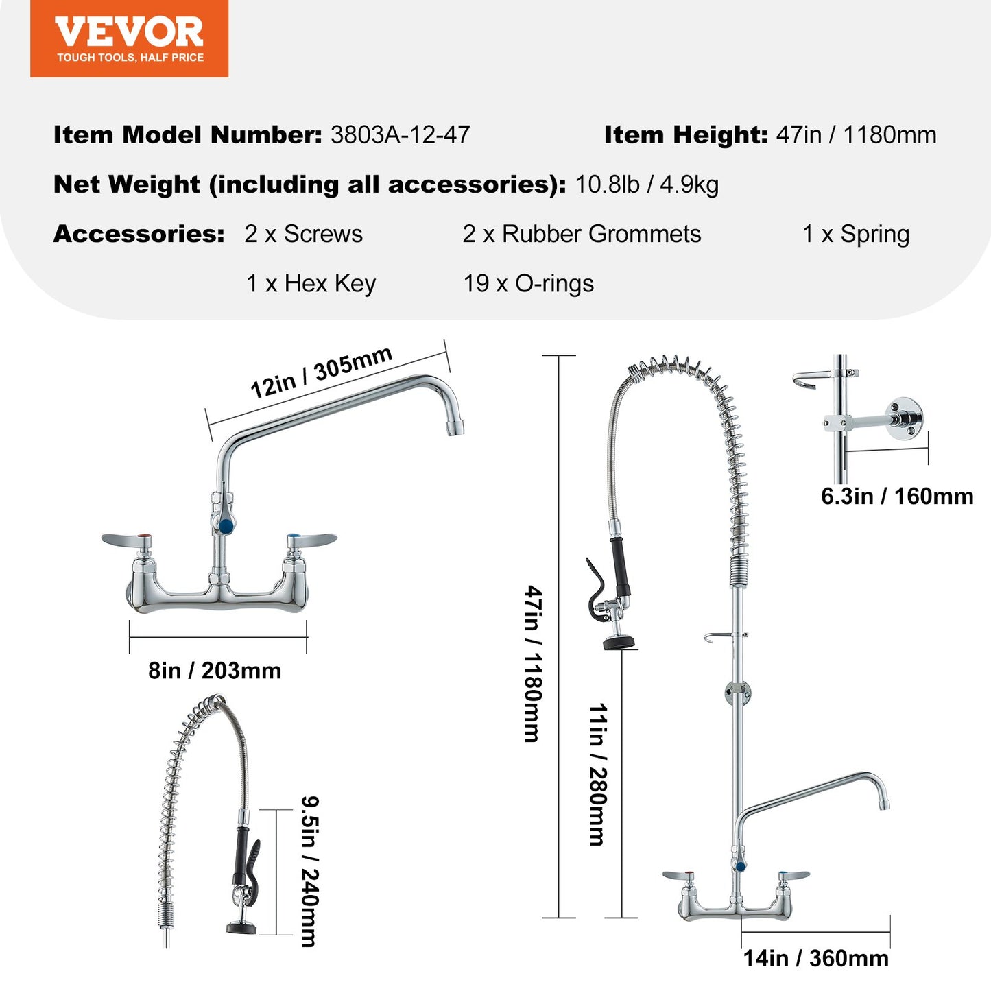 Gewerblicher Wasserhahn mit Vorspülbrause, 119 cm Höhe, 20 cm Mitte, 30 cm Schwenkauslauf, wandmontierter Spültischhahn, Messingeinheit mit ausziehbarer Brause, für 1/2/3 Becken