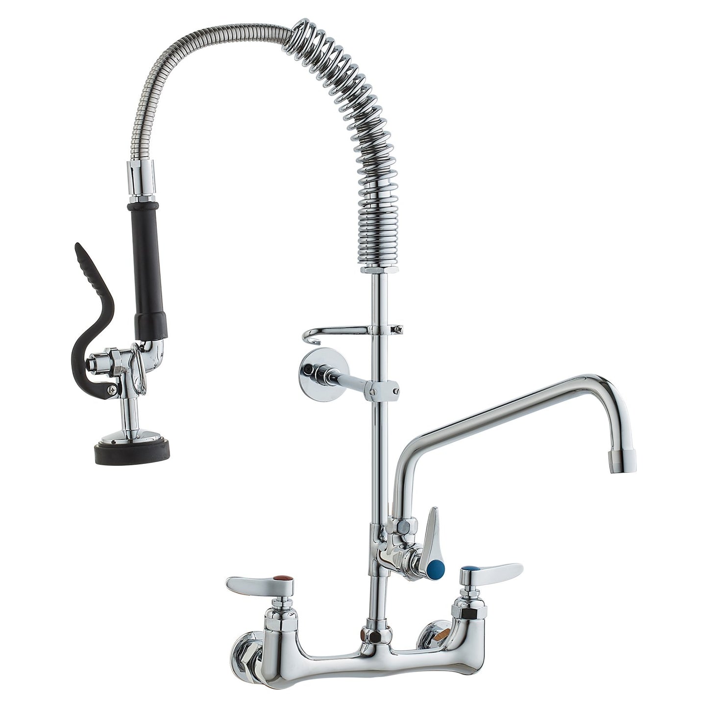 Commercial Faucet with Pre-Rinse Sprayer, 25" Height, 8" Center, 12" Swivel Spout, Wall Mounted Sink Faucet, Brass Constructed Unit with Pull Down Spray, for 1/2/3 Bowl Sink