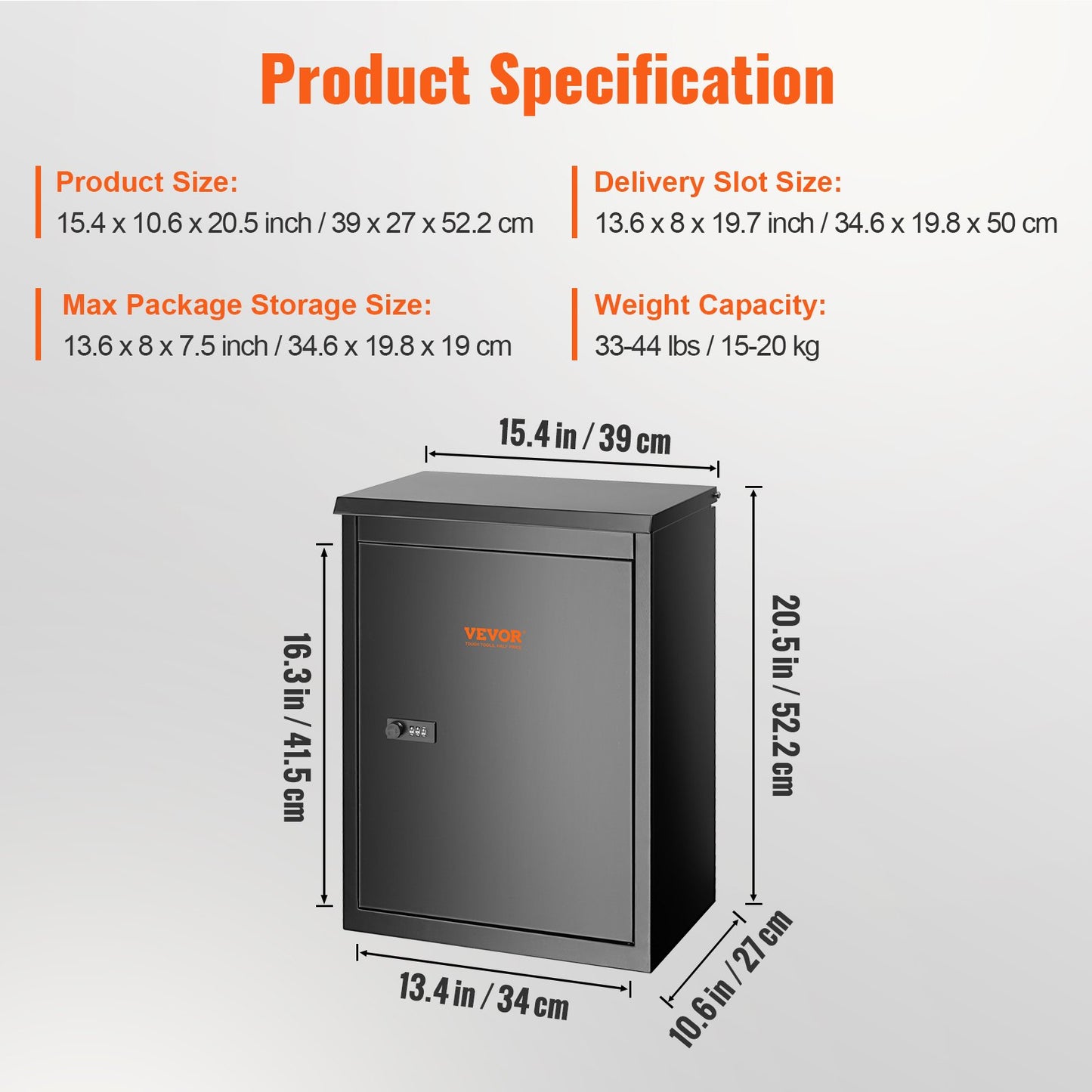 Outdoor Parcel Delivery Boxes 15.4" x 10.6" x 20.5", Galvanized Steel Wall Mounted Mailbox with Combination Lock, Anti-Theft, IPX3 Waterproof, Lockable Large Mailbox for Porch, Curbside