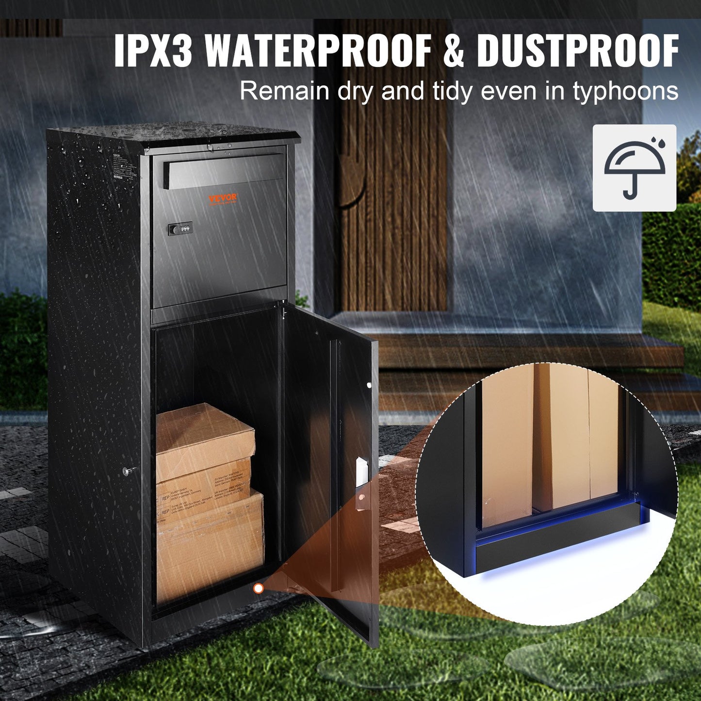Outdoor Parcel Delivery Boxes 16.2"x15.8"x44", Galvanized Steel Packaging Box with Combination Lock, Removable Anti-Theft, IPX3 Waterproof Parcel Drop Box for Patio, Porch