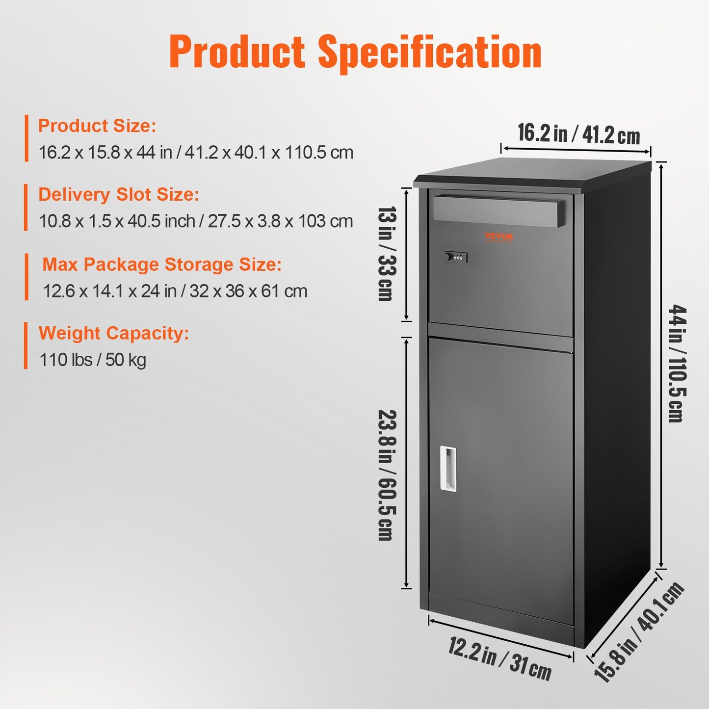 Outdoor Parcel Delivery Boxes 16.2"x15.8"x44", Galvanized Steel Packaging Box with Combination Lock, Removable Anti-Theft, IPX3 Waterproof Parcel Drop Box for Patio, Porch
