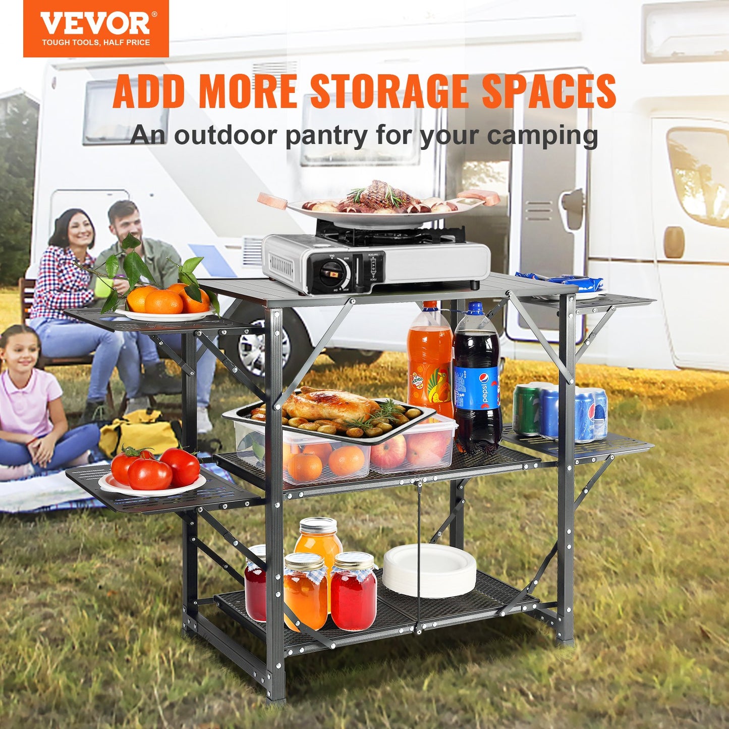 Campingköksbord, hopfällbar bärbar matlagningsstation i ett stycke med en bärväska, campingbord i aluminium 4 sidobord i järn och 2 hyllor, perfekt för utomhuspicknick, BBQ, camping, husbilsresor