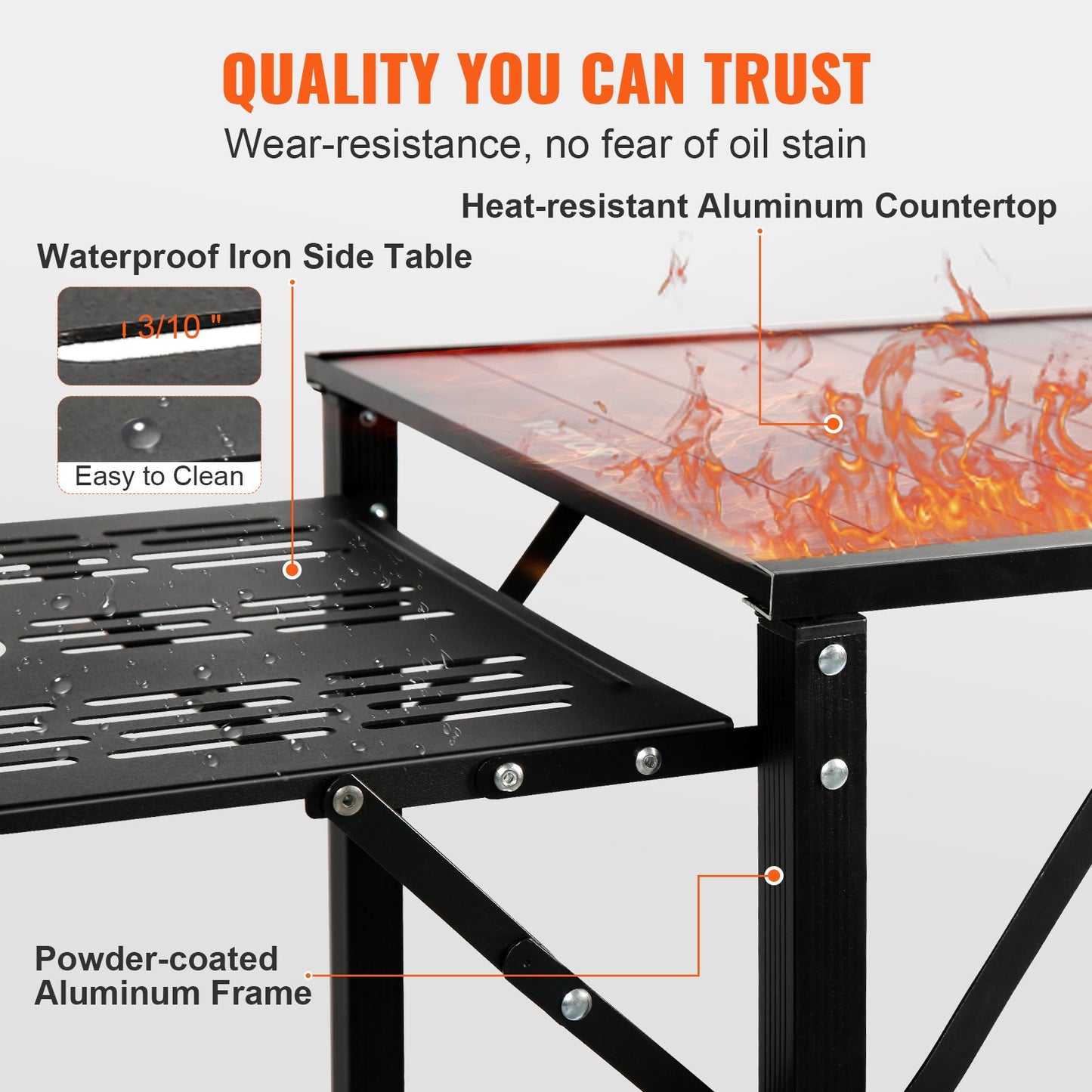 Campingköksbord, hopfällbar bärbar matlagningsstation i ett stycke med en bärväska, campingbord i aluminium 4 sidobord i järn och 2 hyllor, perfekt för utomhuspicknick, BBQ, camping, husbilsresor