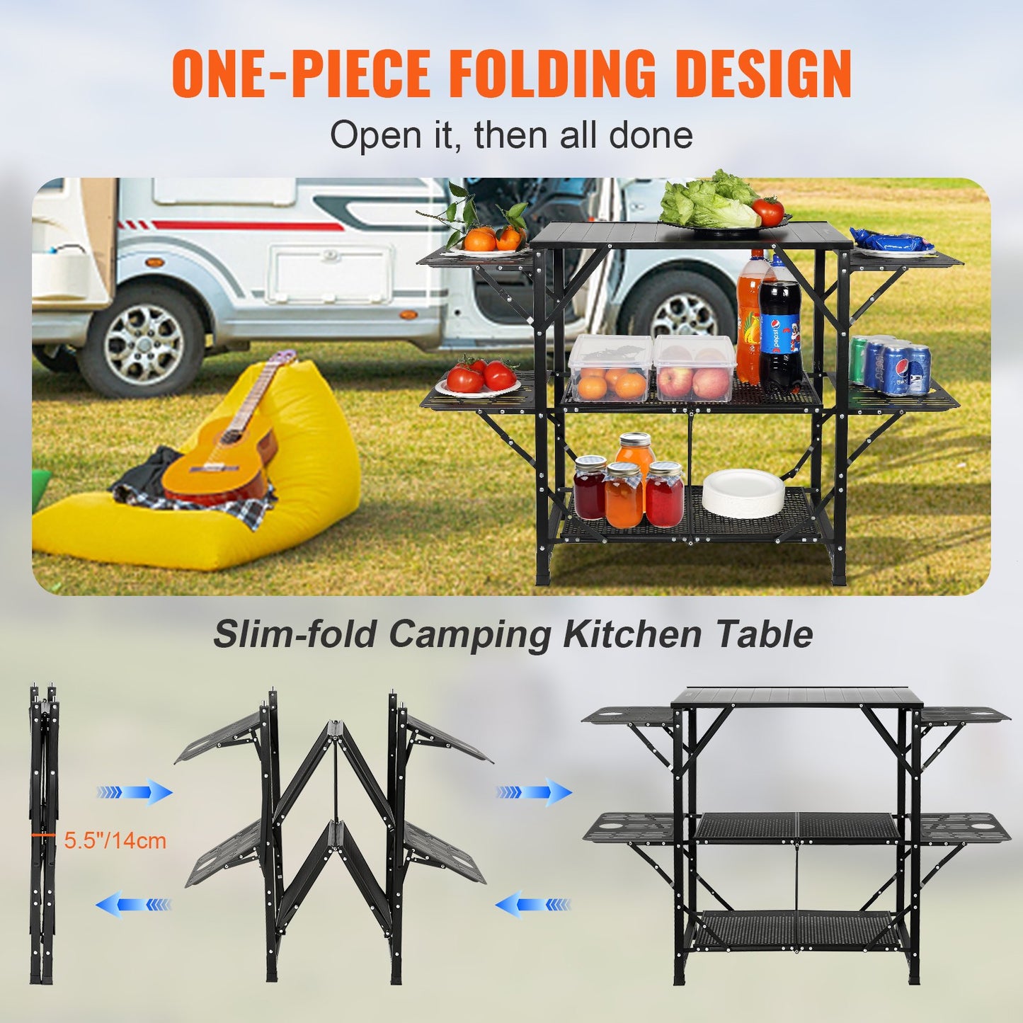 Campingköksbord, hopfällbar bärbar matlagningsstation i ett stycke med en bärväska, campingbord i aluminium 4 sidobord i järn och 2 hyllor, perfekt för utomhuspicknick, BBQ, camping, husbilsresor