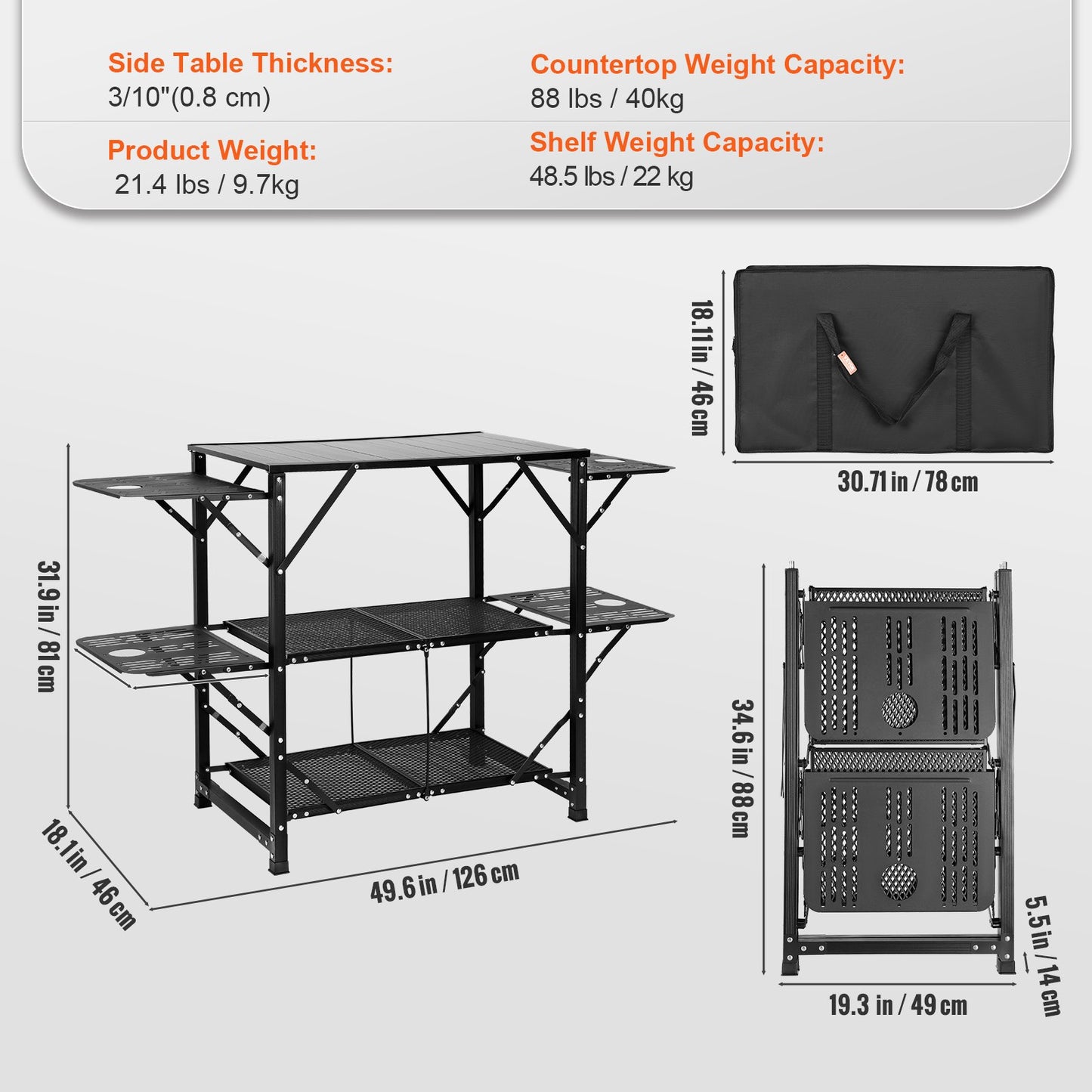 Campingköksbord, hopfällbar bärbar matlagningsstation i ett stycke med en bärväska, campingbord i aluminium 4 sidobord i järn och 2 hyllor, perfekt för utomhuspicknick, BBQ, camping, husbilsresor