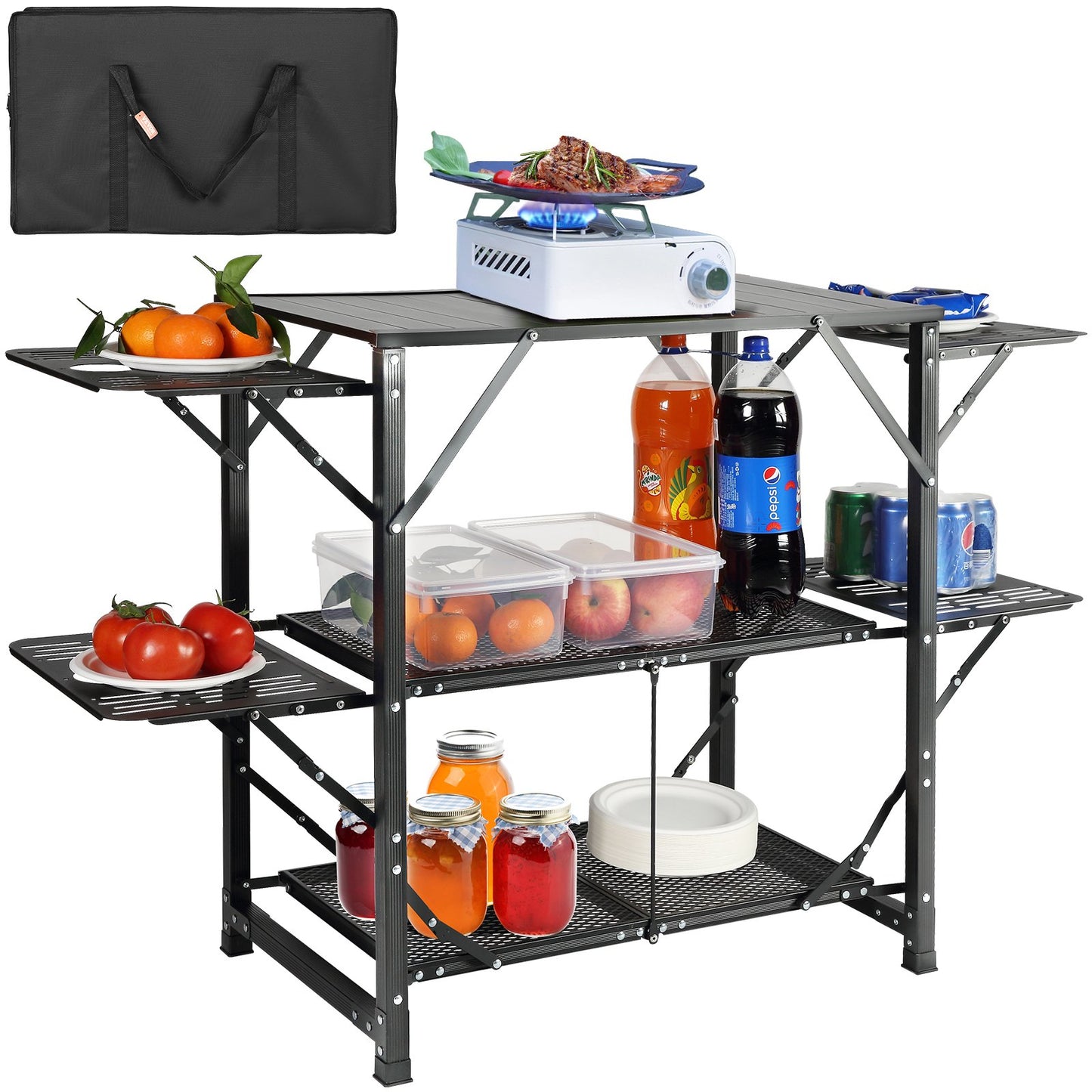 Campingköksbord, hopfällbar bärbar matlagningsstation i ett stycke med en bärväska, campingbord i aluminium 4 sidobord i järn och 2 hyllor, perfekt för utomhuspicknick, BBQ, camping, husbilsresor
