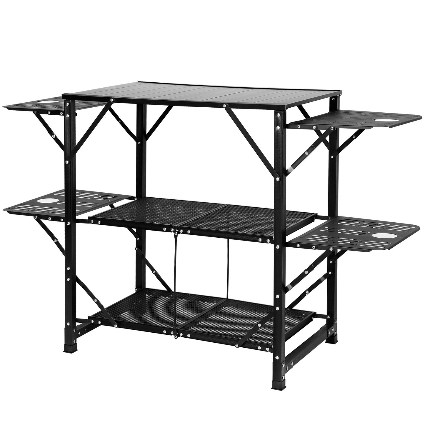 Campingköksbord, hopfällbar bärbar matlagningsstation i ett stycke med en bärväska, campingbord i aluminium 4 sidobord i järn och 2 hyllor, perfekt för utomhuspicknick, BBQ, camping, husbilsresor