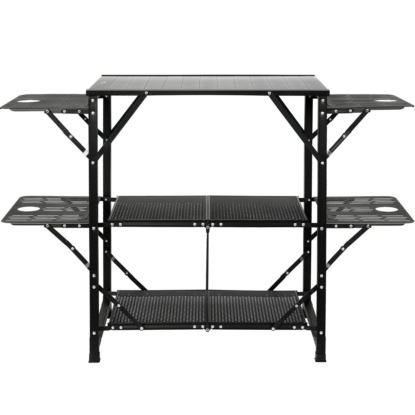 Campingköksbord, hopfällbar bärbar matlagningsstation i ett stycke med en bärväska, campingbord i aluminium 4 sidobord i järn och 2 hyllor, perfekt för utomhuspicknick, BBQ, camping, husbilsresor