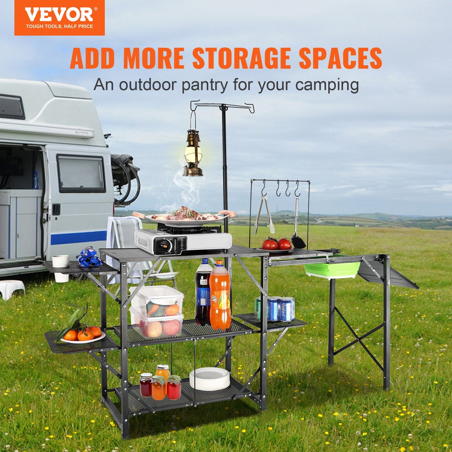 Camping-Küchentisch, einteilige, faltbare, tragbare Kochstation mit Tragetasche, langer Campingtisch aus Aluminium, 3 Beistelltische, 2 Ablagen und eine abnehmbare Spüle für Picknick im Freien, Grillen, Camping