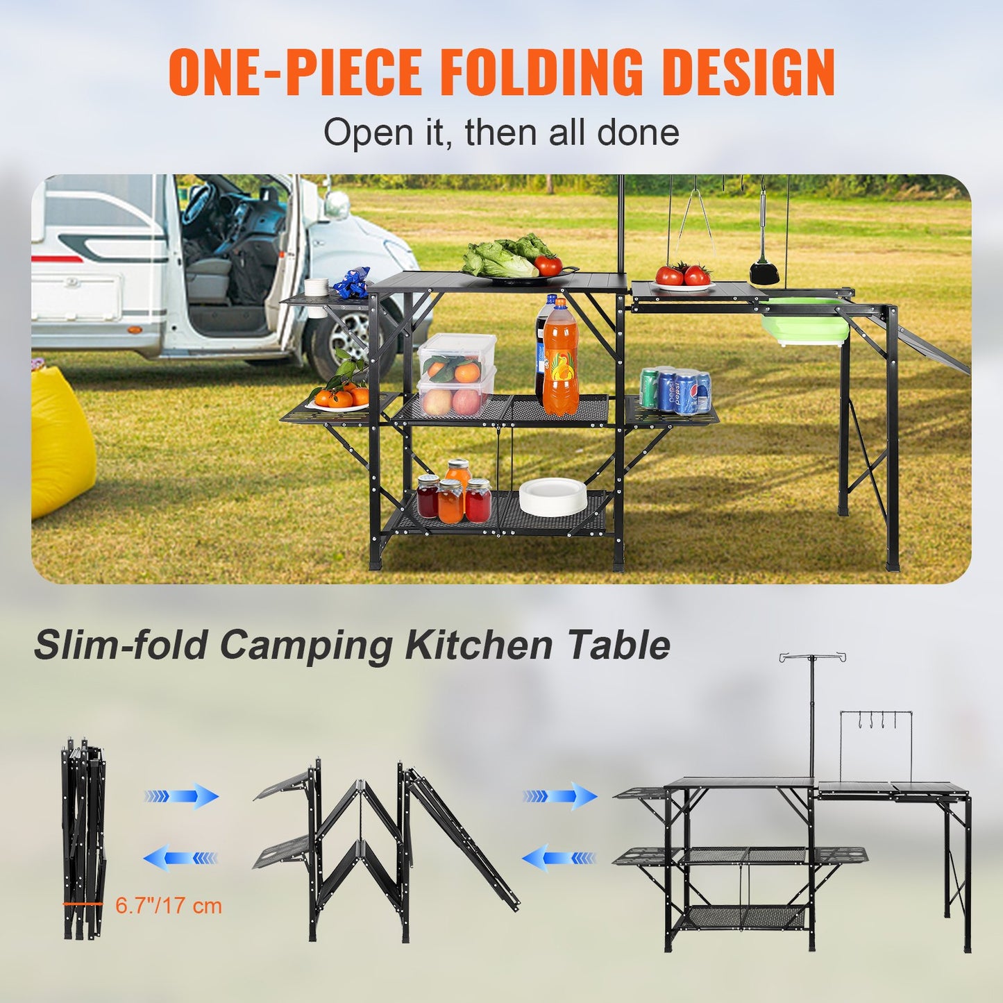 Camping-Küchentisch, einteilige, faltbare, tragbare Kochstation mit Tragetasche, langer Campingtisch aus Aluminium, 3 Beistelltische, 2 Ablagen und eine abnehmbare Spüle für Picknick im Freien, Grillen, Camping