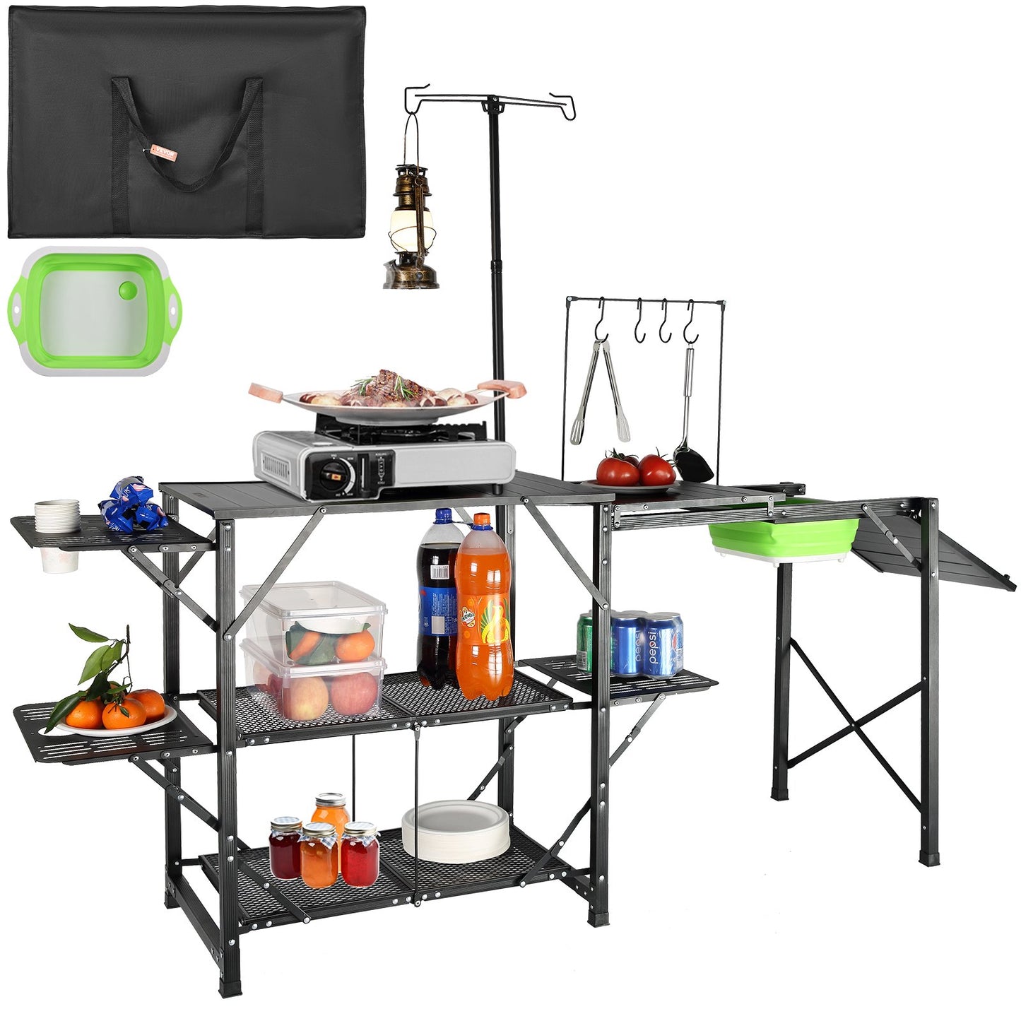 Camping-Küchentisch, einteilige, faltbare, tragbare Kochstation mit Tragetasche, langer Campingtisch aus Aluminium, 3 Beistelltische, 2 Ablagen und eine abnehmbare Spüle für Picknick im Freien, Grillen, Camping