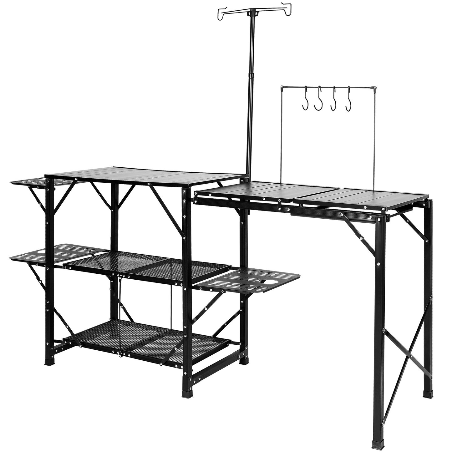 Camping-Küchentisch, einteilige, faltbare, tragbare Kochstation mit Tragetasche, langer Campingtisch aus Aluminium, 3 Beistelltische, 2 Ablagen und eine abnehmbare Spüle für Picknick im Freien, Grillen, Camping