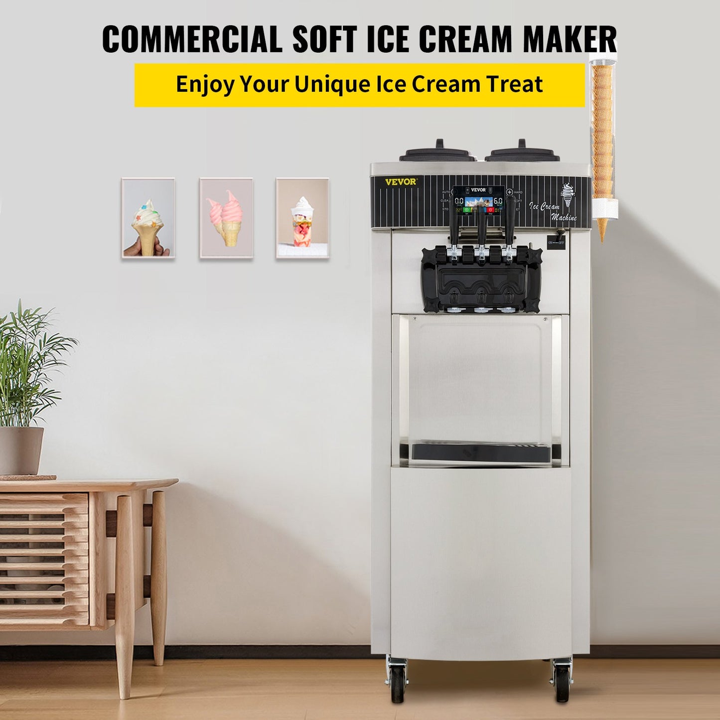 Mjukglassmaskin 2200W kommersiell vertikal mjukglassmaskin 5,3 till 7,4 liter per timme Glassmaskin för restauranger Barer Caféer Bagerier