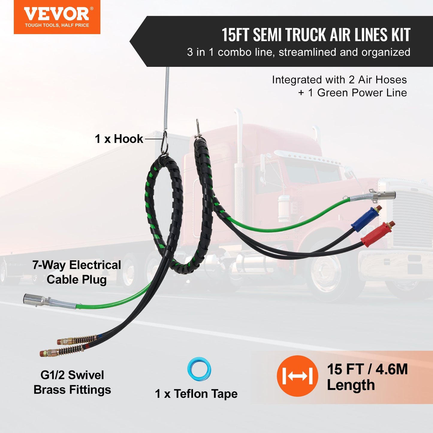 15FT Semi Truck Air Lines Kit 3-i-1 luftslangar & 7-vägsplugg ABS Power Line