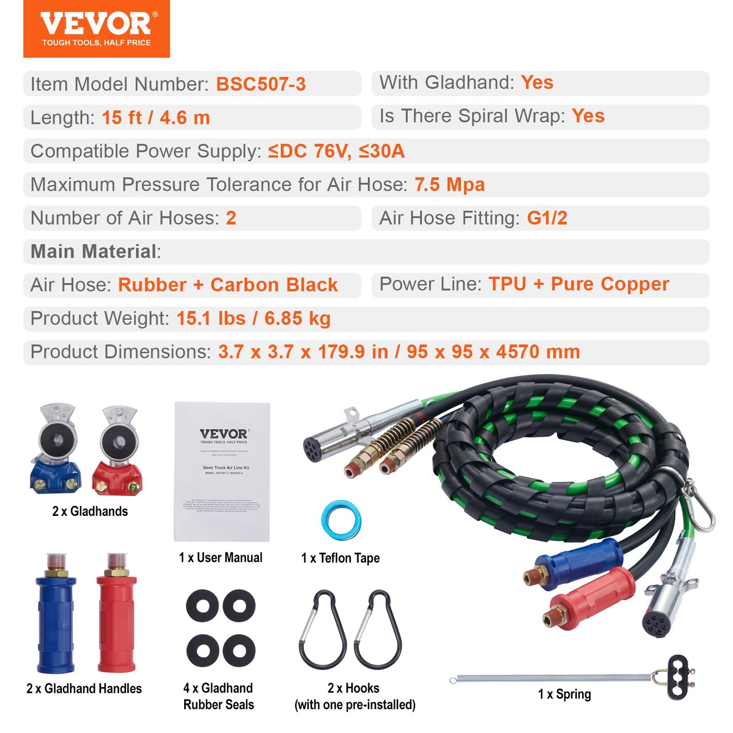 15FT 3-i-1 Semi Truck Air Lines Kit med 2PCS Glad Hands and Hands