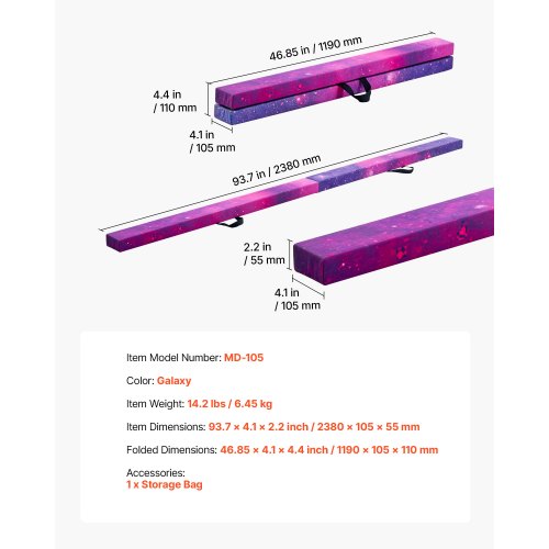 8FT Hopfällbar Balansbom för Barn, 136,1KG Stabil Stödjande Gymnastikgolvbom med Halkfri Matta, Gymnastikträningsutrustning med Träkärna med Halkfri Botten och Bärväska för Hemmagym, Galaxy | EU
