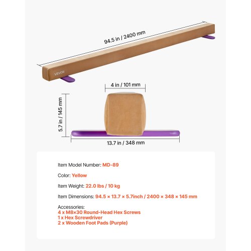 8FT Balansbom för Barn, 158,7 KG Stabilt Stöd Gymnastikgolvbom med Halkfria Trämattor, Gymnastikträningsutrustning med Träkärna och Halkfri Botten för Hem och Gym, Gul | EU