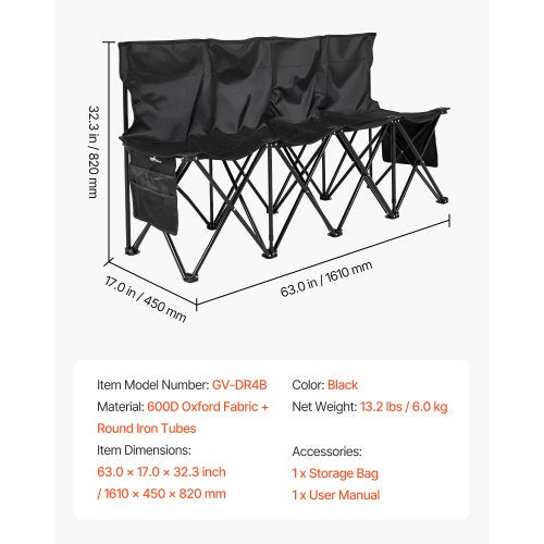 Bärbar Hopfällbar Bänk, 4-sits Hopfällbar Fotbollsbänk med Sidofickor och Bärväska, Lätt Sidosittplats med Ryggstöd för Fotboll, Baseboll, Camping, Utomhusevenemang, Svart | EU