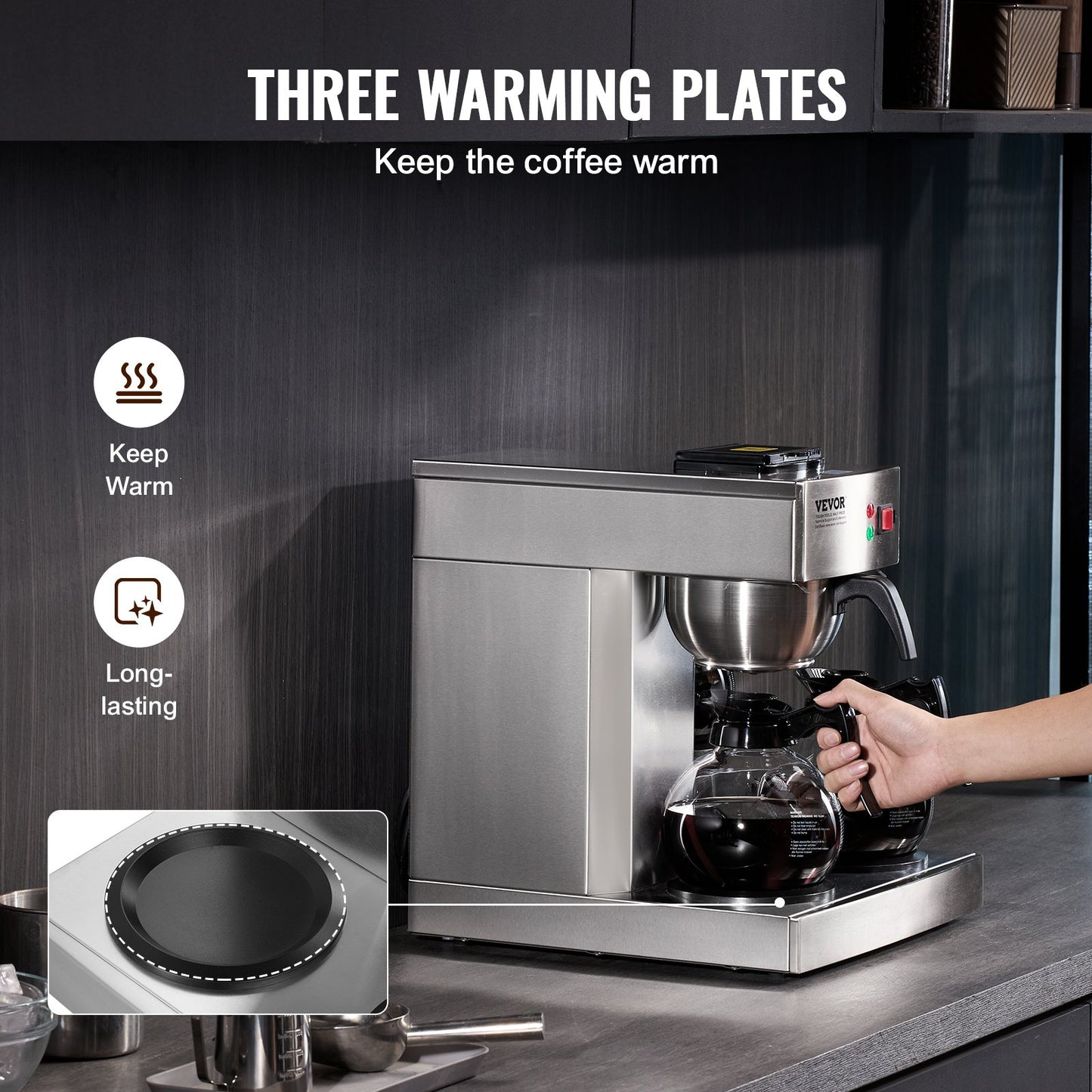 12 Cup Commercial Drip Coffee Maker with 3 Glass Carafes and 3 Warmers