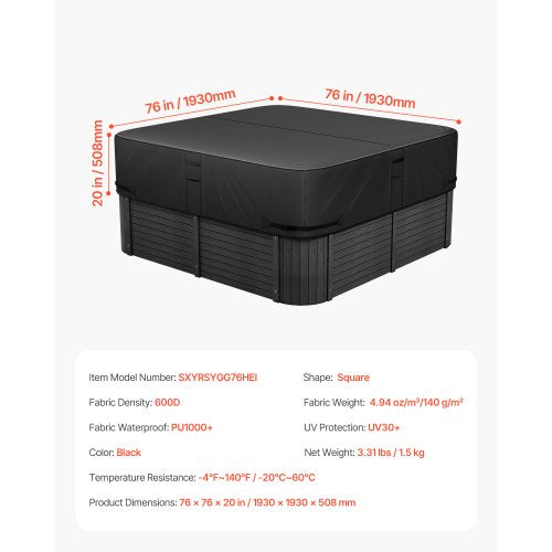 Outdoor hot tub cover 1930x1930x508mm Weatherproof and waterproof black