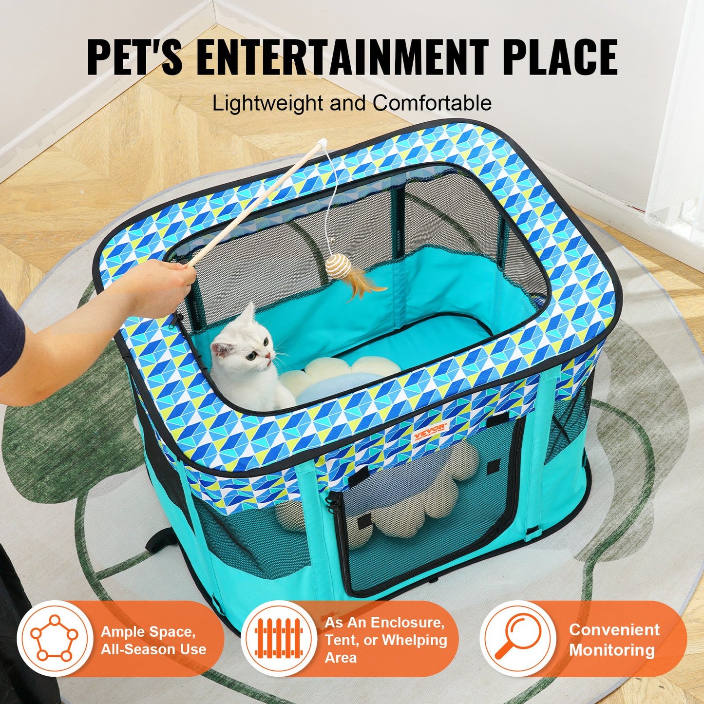 Faltbarer Laufstall für Haustiere, 81,3 x 61 x 56,9 cm, tragbarer Hundelaufstall, Hundebox für Welpen, Hunde, Katzen, wasserdichtes 600D-Oxford-Gewebe, abnehmbarer Reißverschluss, für den Einsatz im Innen- und Außenbereich, Reisen und Camping (rechteckig,