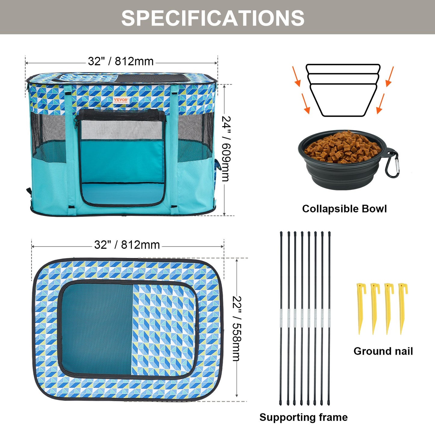 Faltbarer Laufstall für Haustiere, 81,3 x 61 x 56,9 cm, tragbarer Hundelaufstall, Hundebox für Welpen, Hunde, Katzen, wasserdichtes 600D-Oxford-Gewebe, abnehmbarer Reißverschluss, für den Einsatz im Innen- und Außenbereich, Reisen und Camping (rechteckig,