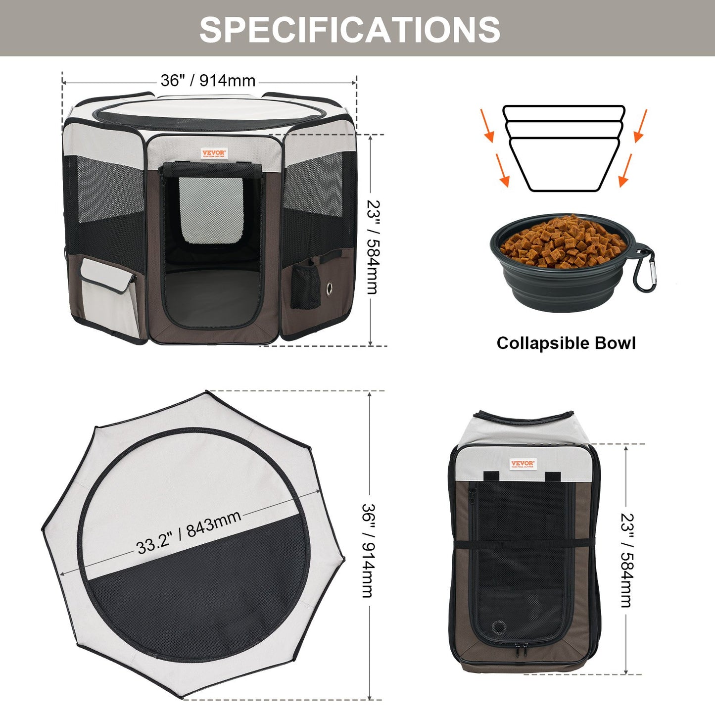 Foldable Pet Playpen, 36 Inch Portable Dog Playpen, Kennel for Puppy, Dog, Cat, Premium Waterproof 600D Oxford Cloth, Removable Zipper, for Indoor Outdoor Travel and Camping Use (Octagon, M)