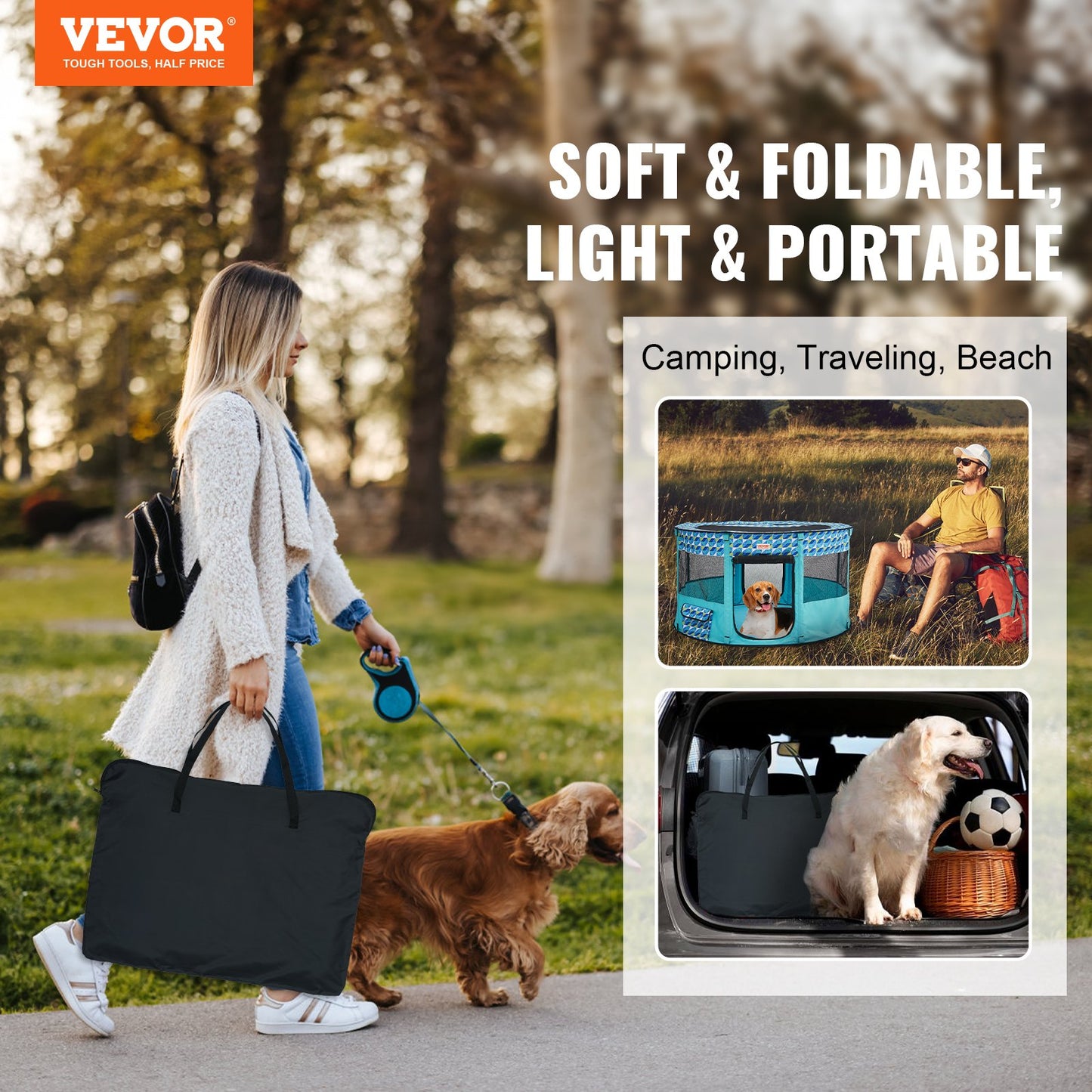 Hopfällbar lekhage för sällskapsdjur, 44'' x 44'' x 24'' Bärbar hundlekhage, boxkennel för valp, hund, katt, vattentät 600D Oxfordduk, avtagbar dragkedja, för inomhuscamping utomhus (rund, L)
