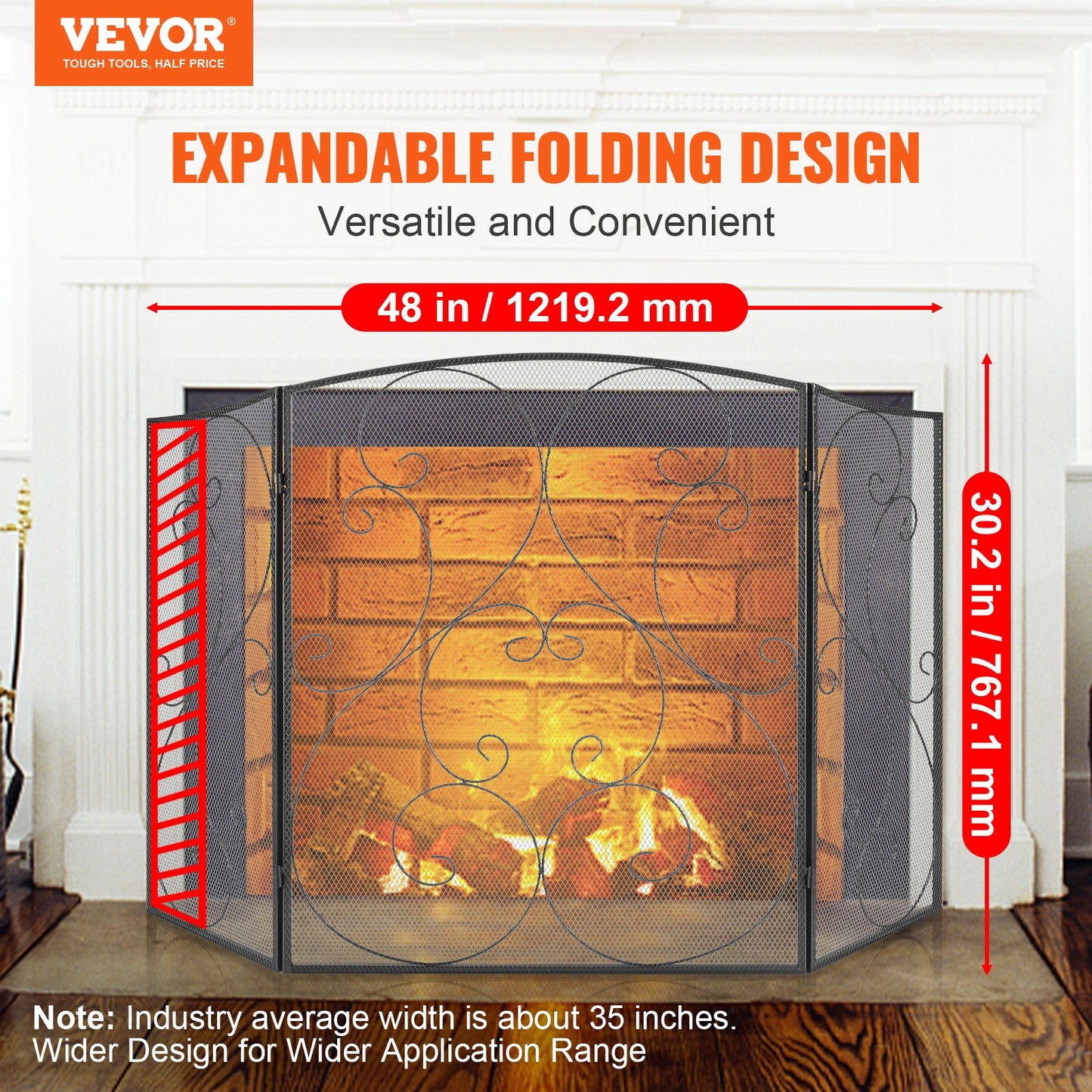 Fireplace Screen 3 Panel, Heavy Duty Iron Mesh Fireplace Screen, 122(L)x76.7(H)CM Spark Guard Cover, No Assembly Required, Freestanding Fireplace Fence Grille for Living Room Home Decor Vintage