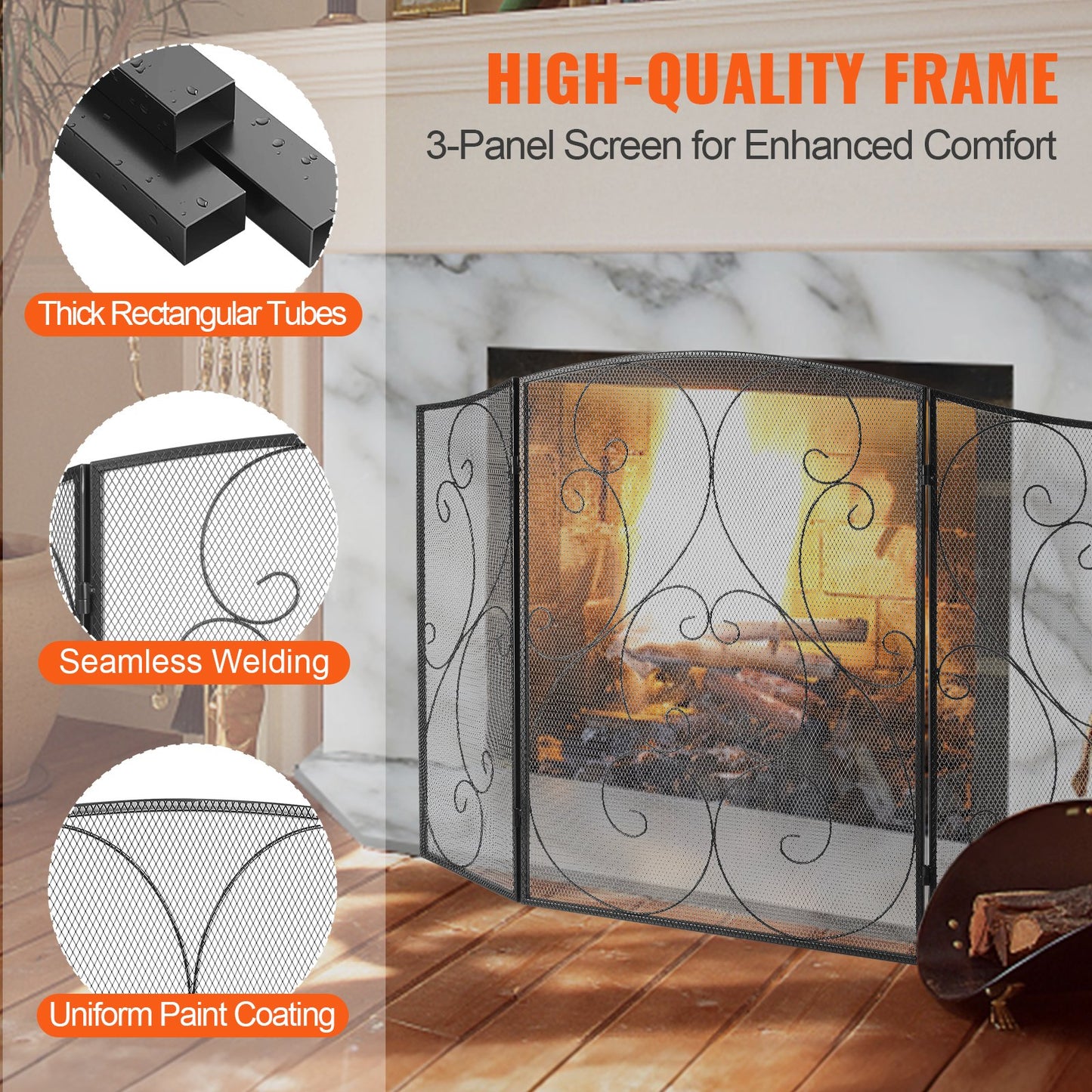 Fireplace Screen 3 Panel, Heavy Duty Iron Mesh Fireplace Screen, 122(L)x76.7(H)CM Spark Guard Cover, No Assembly Required, Freestanding Fireplace Fence Grille for Living Room Home Decor Vintage