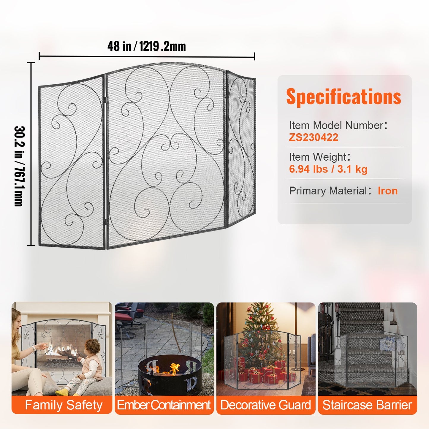 Fireplace Screen 3 Panel, Heavy Duty Iron Mesh Fireplace Screen, 122(L)x76.7(H)CM Spark Guard Cover, No Assembly Required, Freestanding Fireplace Fence Grille for Living Room Home Decor Vintage