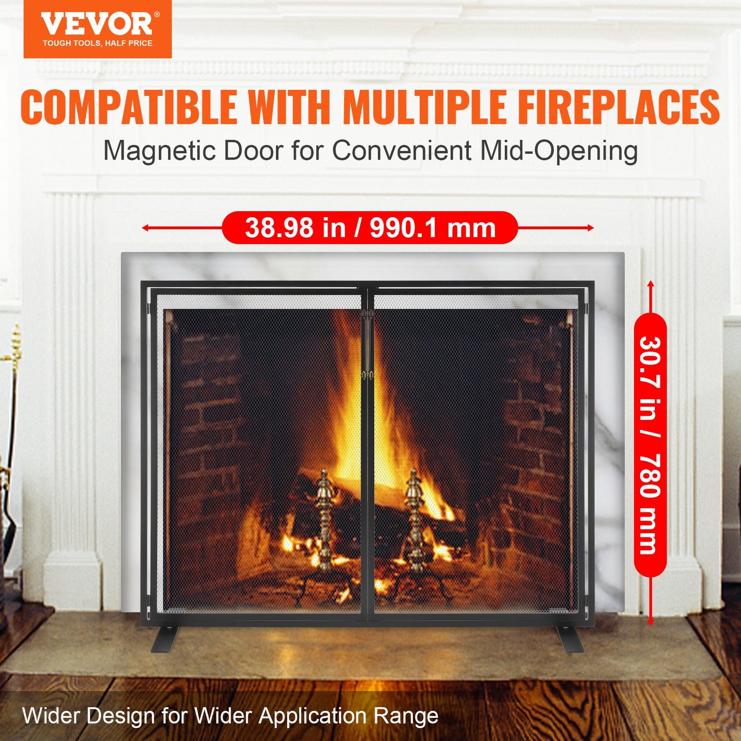 Fireplace Screen 1 Panel with Door, Heavy Duty Iron Mesh Fireplace Screen, 990(L) x780(H)MM Spark Guard Cover, Easy Installation, Freestanding Fire Fence Grille for Living Room Home Decor Modern