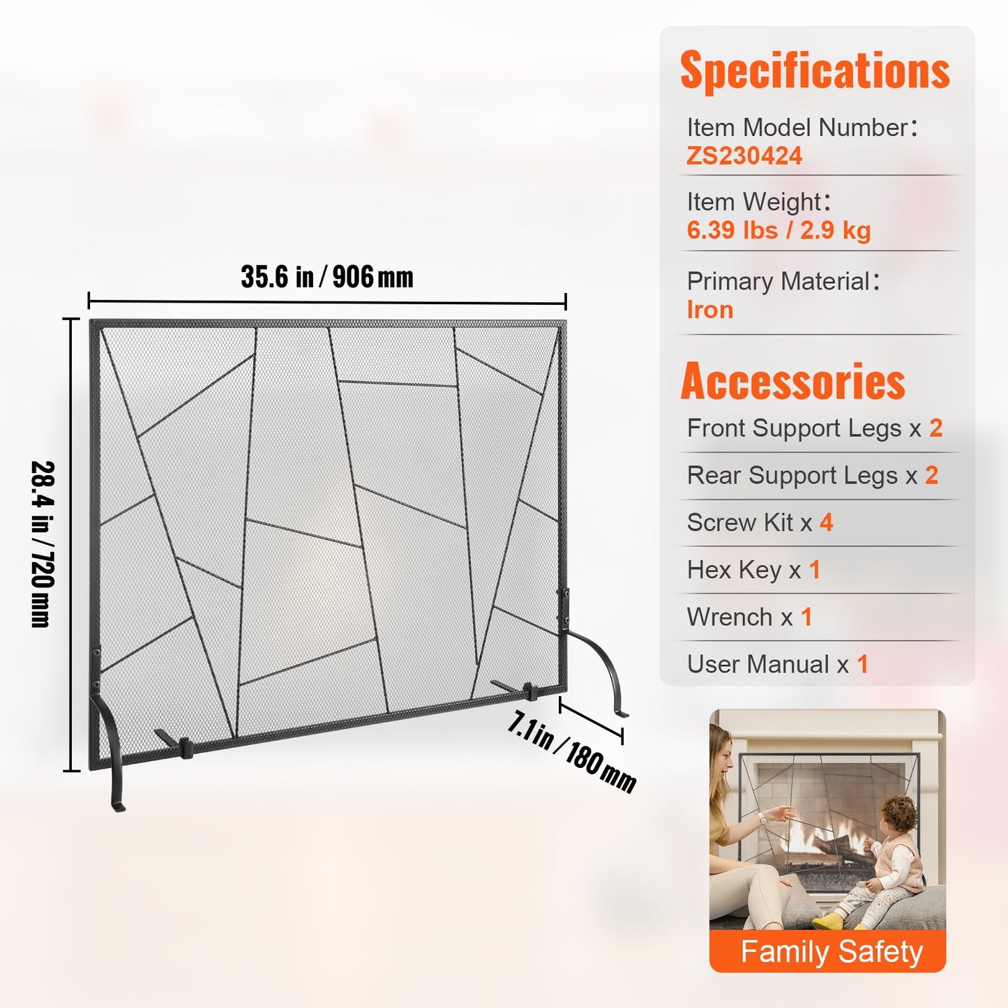 Fireplace Screen Single Panel, Heavy Duty Iron Mesh Fireplace Screen, 906(L) x720(H)MM Spark Guard Cover, Easy Installation, Freestanding Fire Fence Grille for Living Room Home Decor Modern